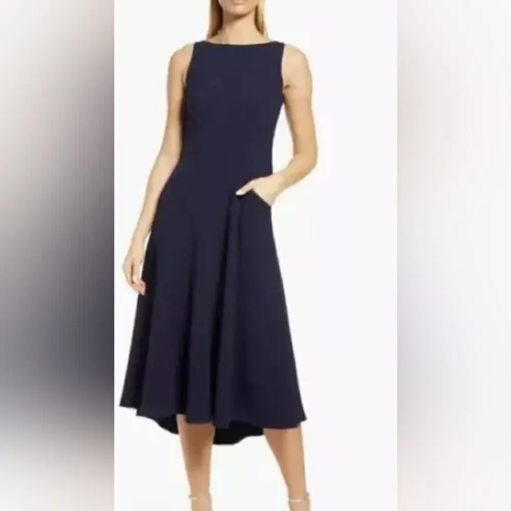 Eliza J Bateau Neck Fit Flare Dress Midi Navy Blue sz 2 NWOT
